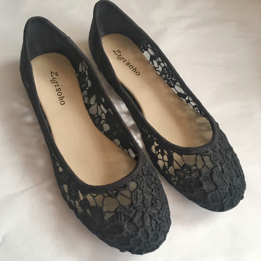 New ZigiSoho Black Shoes Ballet Flats Lace Floral Work Formal Zigi Soho size 8